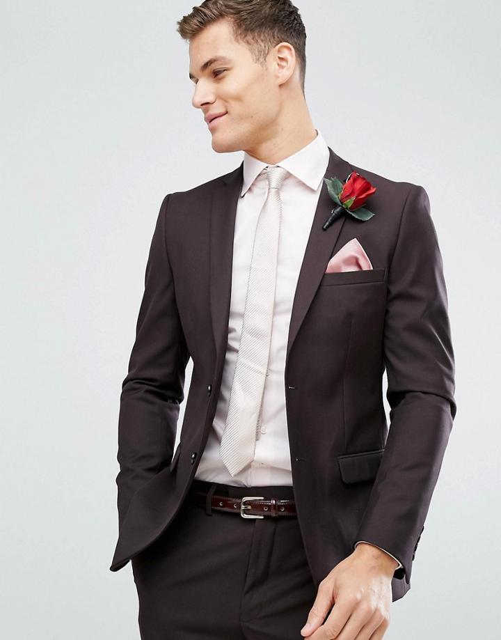 French Connection Skinny Wedding Suit Jacket In Dark Burgundy-red