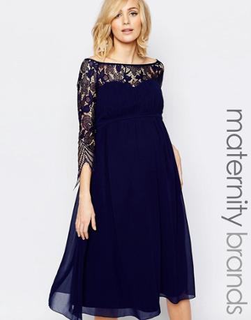 Little Mistress Maternity Midi Skater Dress With Lace Overlay - Navy