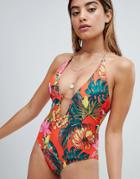 Missguided Tropical Plunge Tab Front Swimsuit - Multi