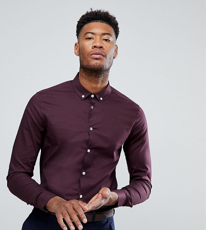 Asos Tall Skinny Shirt In Burgundy With Button Down Collar - Red