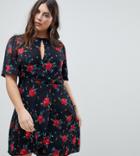 Fashion Union Plus Wrap Front Tea Dress In All Over Floral Print - Black
