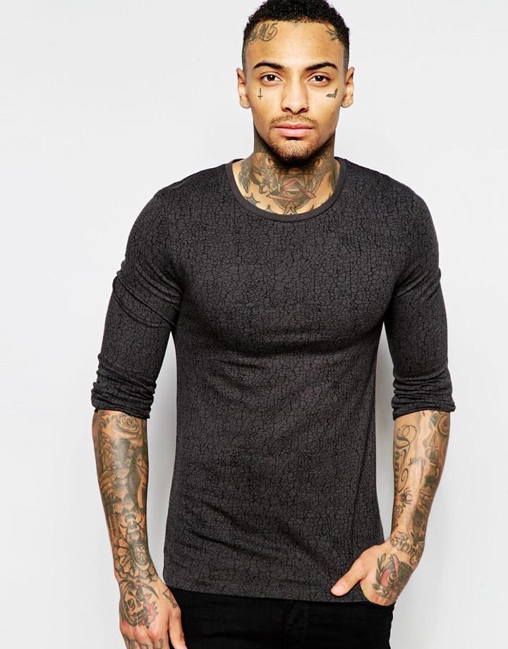 Asos Extreme Muscle Long Sleeve T-shirt With All Over Crack Print - Gray