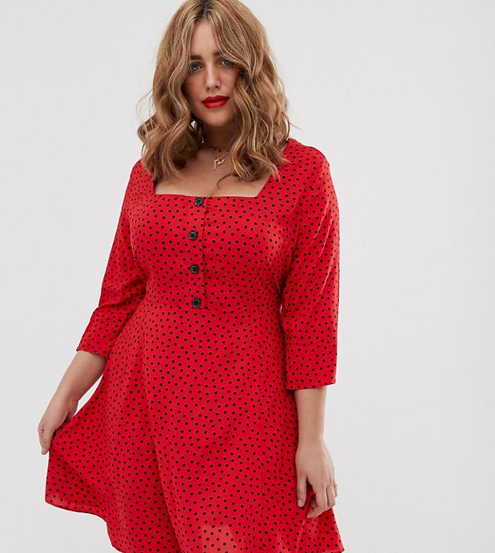 Simply Be Square Neck Chiffon Mini Dress In Red Spot Dot - Multi