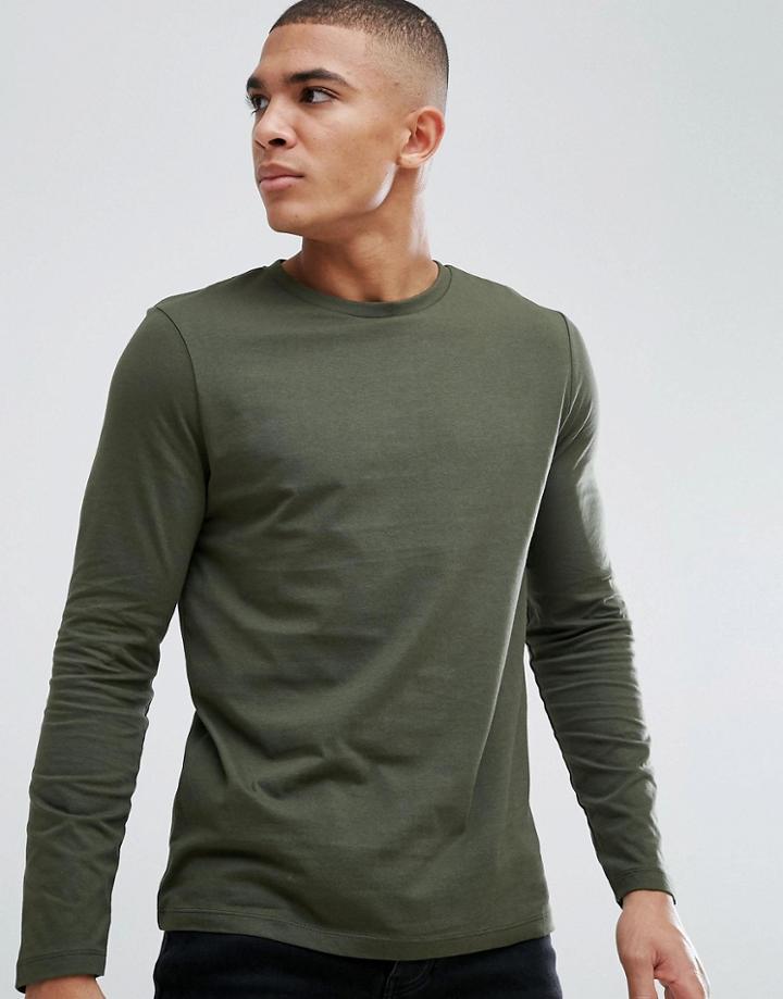 Asos Design Crew Neck T-shirt With Long Sleeves In Green - Green