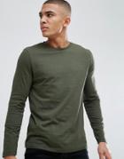 Asos Design Crew Neck T-shirt With Long Sleeves In Green - Green