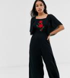 Asos Design Petite Rose Embroidered Lace Insert Jumpsuit-black