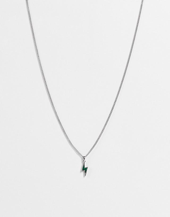 Asos Design Necklace With Lightening Bolt Pendant In Green Malachite Stone-silver