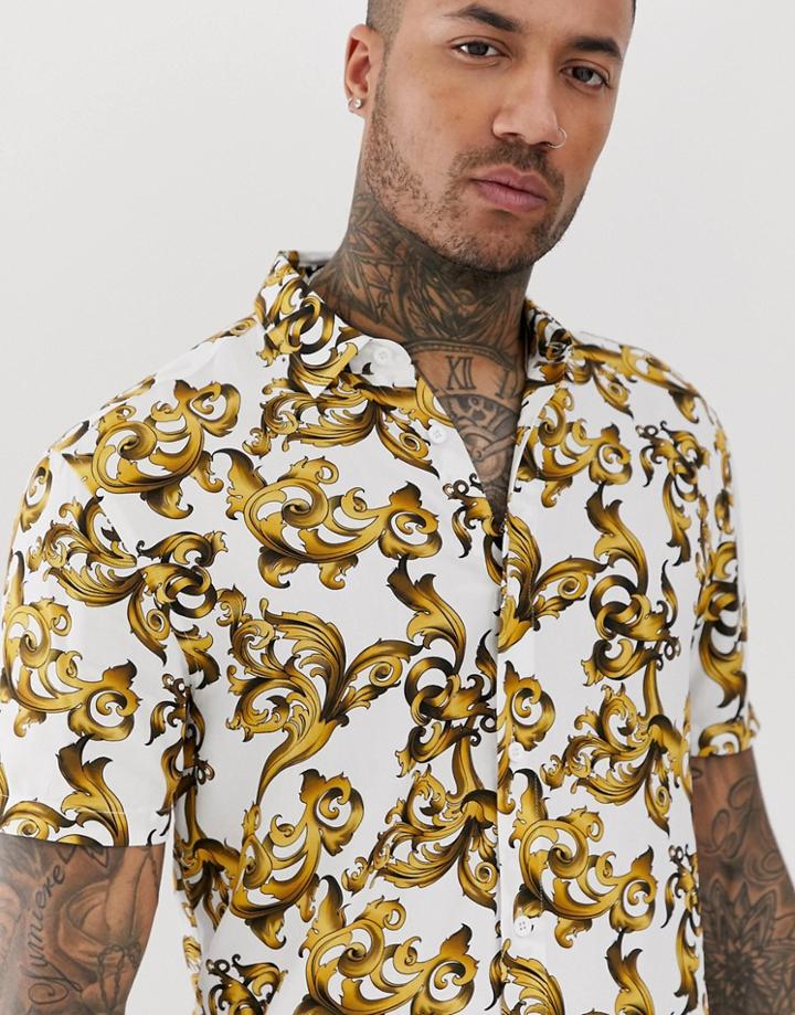 Siksilk Short Sleeve Shirt In White Baroque Print - White