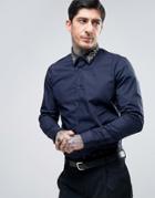 Devils Advocate Premium Embroidered Gold Collar Slim Fit Shirt - Navy