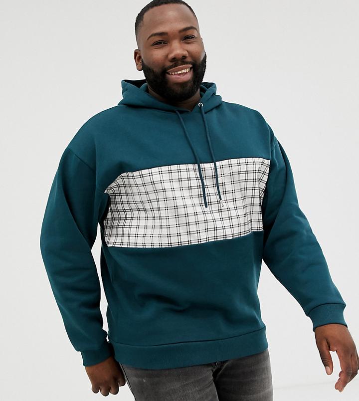 Asos Design Plus Oversized Hoodie With Check Panel In Green