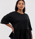 Asos Design Curve Smock Top With Tortoishell Button - Black