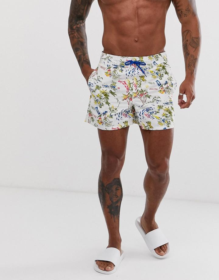 Bellfield Hawaian Print Swim Short - White