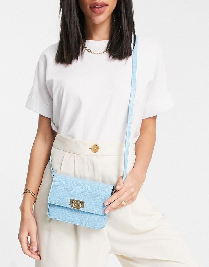 Asos Design Cross Body Bag In Powder Blue Croc With Hardware Detail-black