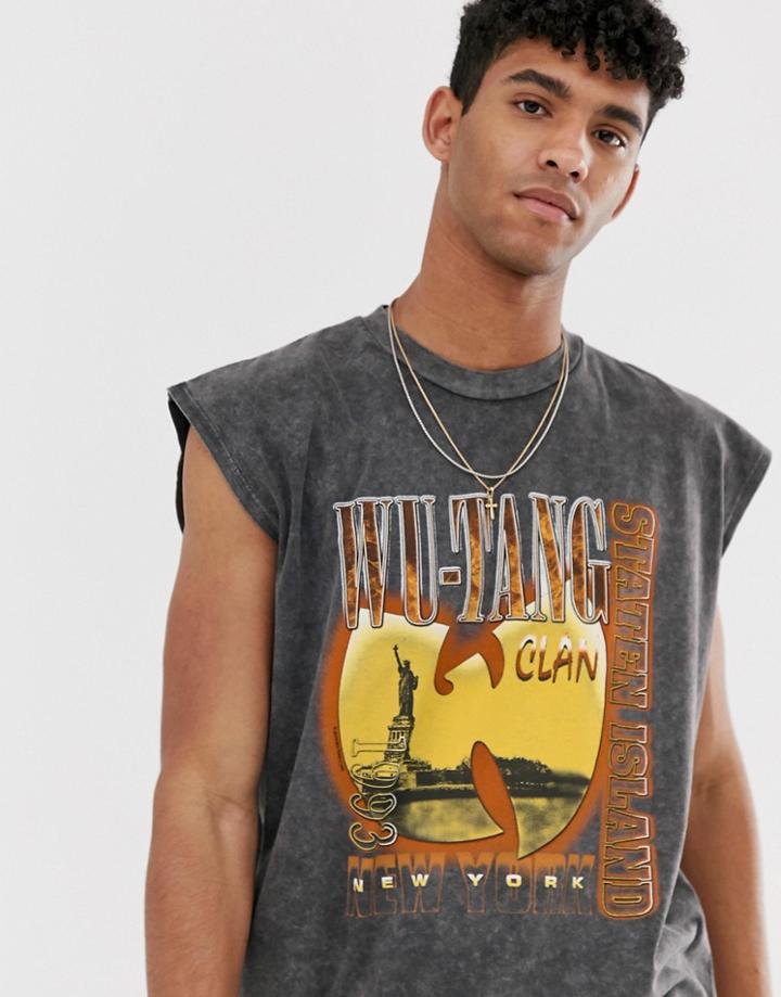 Asos Design Wu-tang Clan Oversized Sleeveless T-shirt With Acid Wash-black