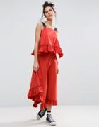 Asos Cotton Maxi Dress With Ruffle Detail & Grosgrain Straps - Red
