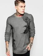 Asos Rib Jersey Longline Long Sleeve T-shirt With Bird Print And Pigment Wash - Gray