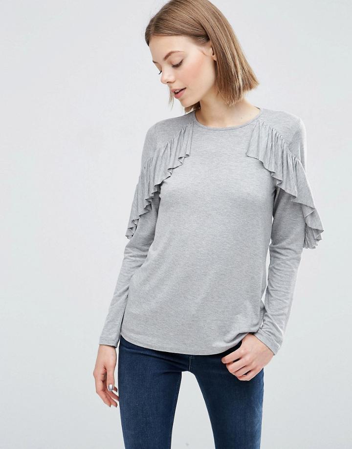 Asos Top With Ruffle Long Sleeves - Gray
