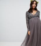 Maya Maternity Long Sleeve Wrap Front Midi Dress With Delicate Sequin And Tulle Skirt In Charcoal - Gray