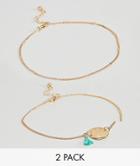 Asos Design Pack Of 2 Textured Disc And Tassel Chain Anklets - Gold