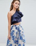 True Violet One Shoulder Crop Top With Frill Overlay - Cream