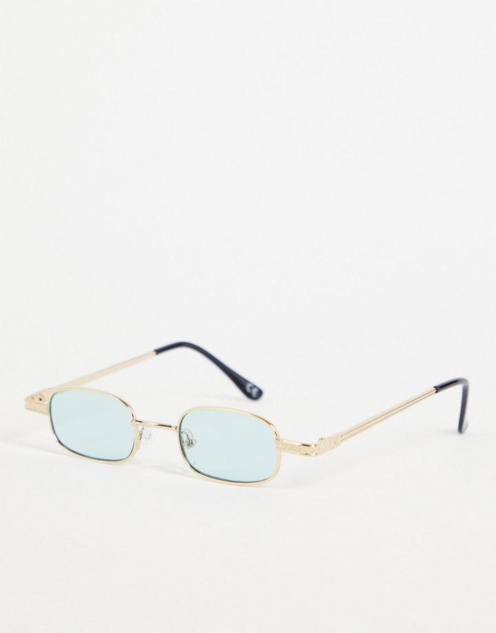 Asos Design 90s Mini Rectangle Glasses With Frame Detail And Blue Lens In Gold