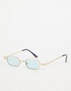 Asos Design 90s Mini Rectangle Glasses With Frame Detail And Blue Lens In Gold
