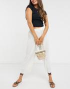 Daisy Street Relaxed Wide Leg Pants In Plisse-white