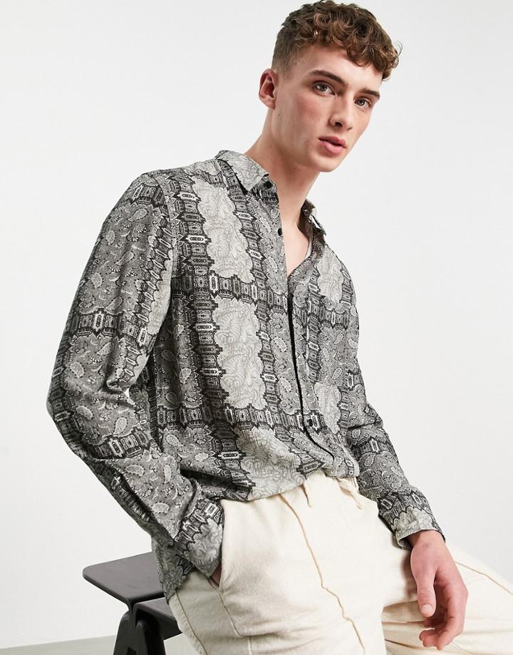 Topman Long Sleeve Paisley Print Shirt In Gray-black