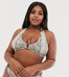 Figleaves Curve Plunge Halter Neck Bikini Top With Buckle In Snake - Gold