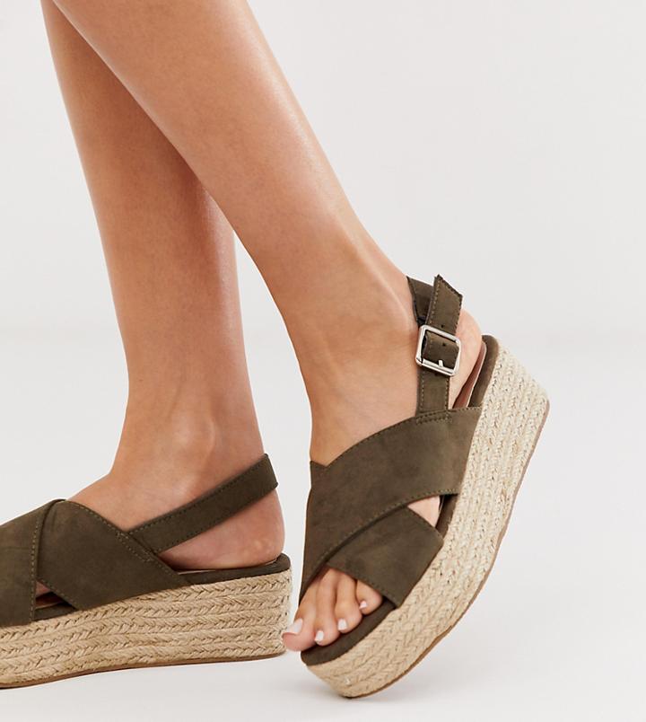 New Look Suedette Cross Strap Flatform In Dark Khaki-green