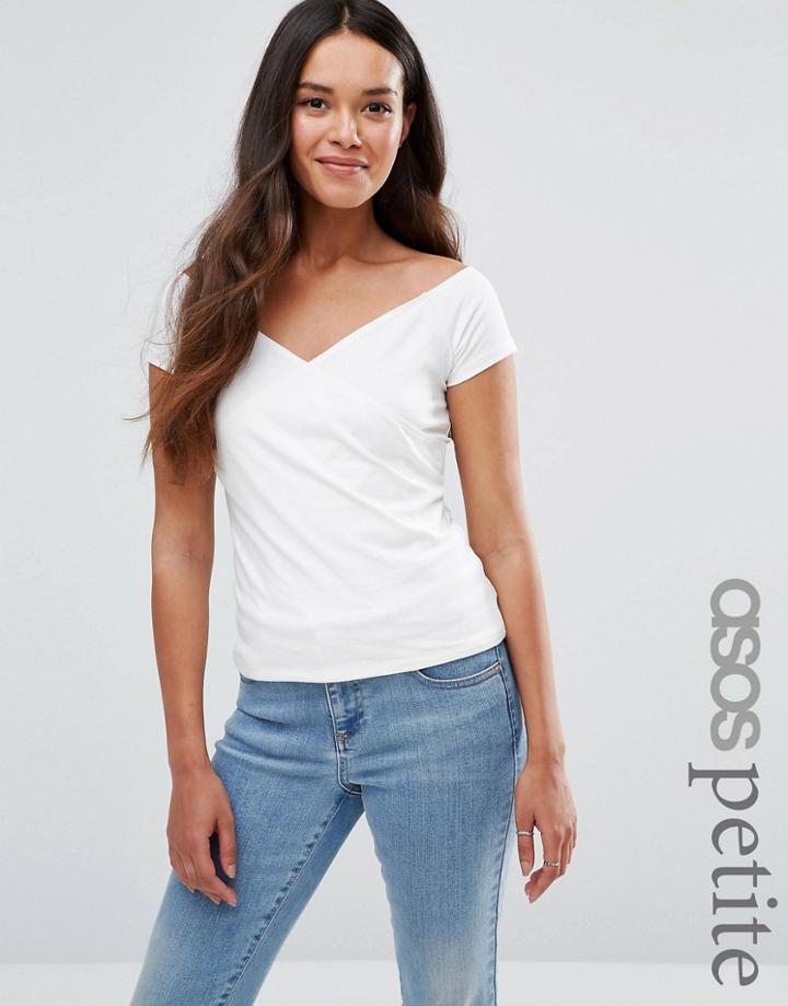 Asos Petite Top With Wrap Front And Cap Sleeves - Cream