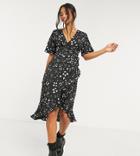 Influence Petite Midi Wrap Dress With Ruffle Hem In Heart Print-multi