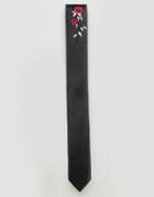 Asos Slim Tie With Rose Embroidery - Black