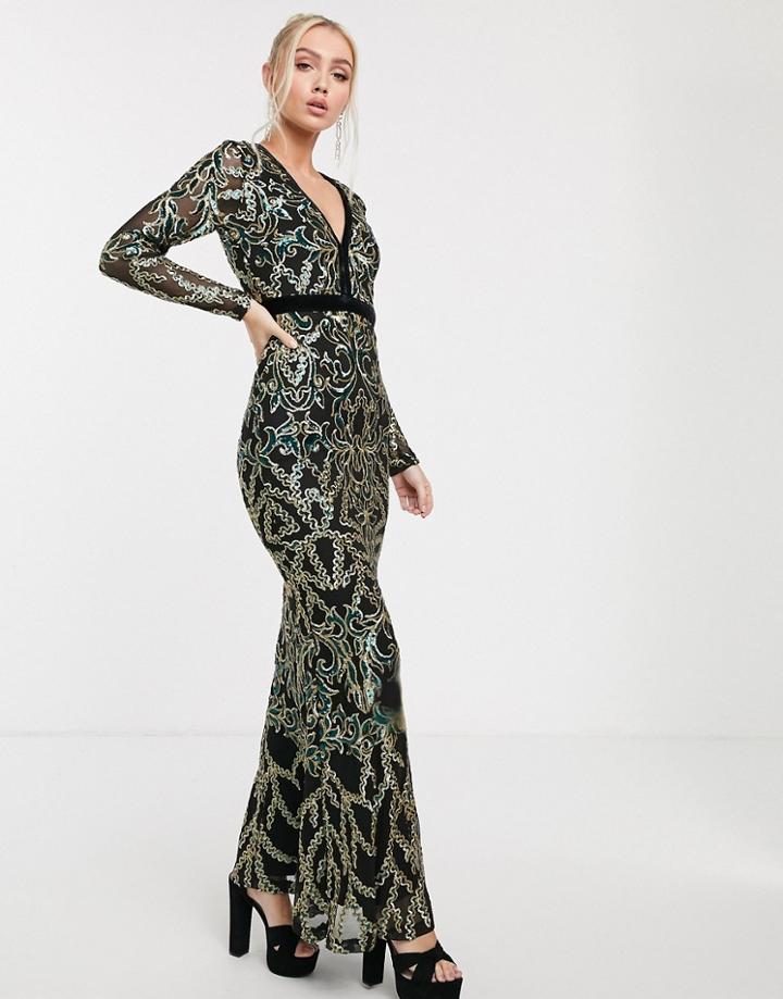 Goddiva Embellished Plunge Neck Maxi Dress In Emerald Green