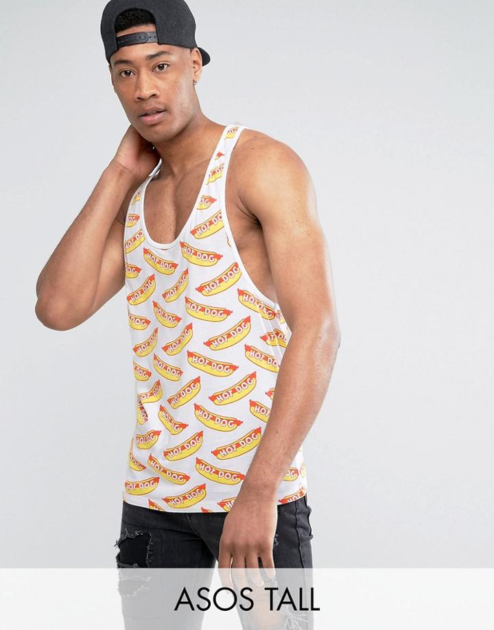 Asos Tall Extreme Racer Back Tank With Dropped Armhole & Hotdog Print - White
