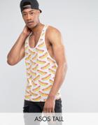 Asos Tall Extreme Racer Back Tank With Dropped Armhole & Hotdog Print - White