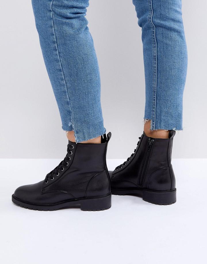 Steve Madden Officer Leather Flat Lace Up Ankle Boots - Black