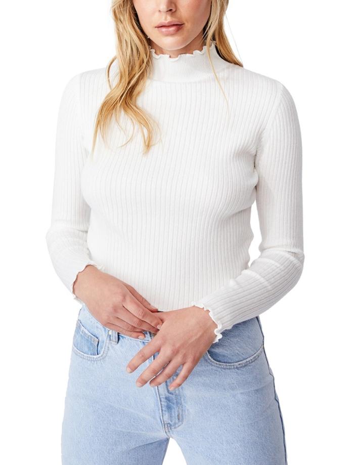 Cotton: On High Neck Ribbed Knitted Sweater In White