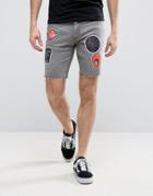 Asos Denim Shorts In Skinny Gray With Raw Hem And Badges - Gray