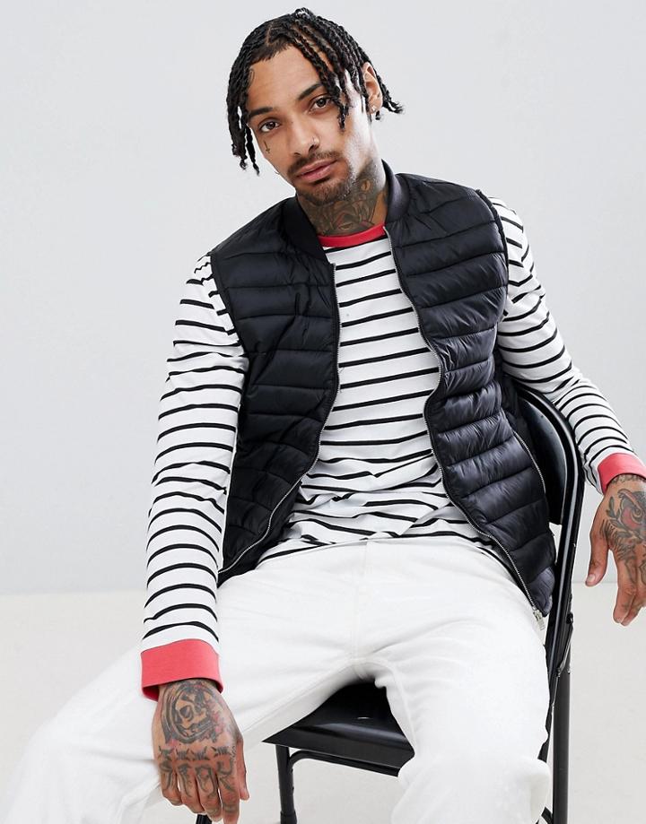 Pull & Bear Quilted Vest In Black - Black