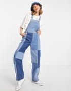 Neon Rose Relaxed Overalls In Patchwork Denim With Heart Pocket-blues