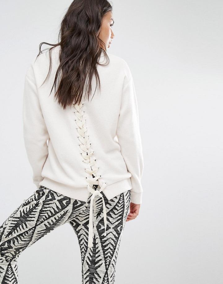 Billabong Fleece Sweatshirt With West Coast Print And Lace Up Back Detail - White