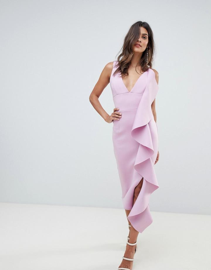 Lavish Alice Asymmetric Draped Frill Midi Dress In Scuba - Purple