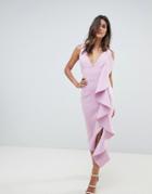 Lavish Alice Asymmetric Draped Frill Midi Dress In Scuba - Purple