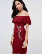 Parisian Off Shoulder Frill Detail Dress With Rose Embroiderry - Red