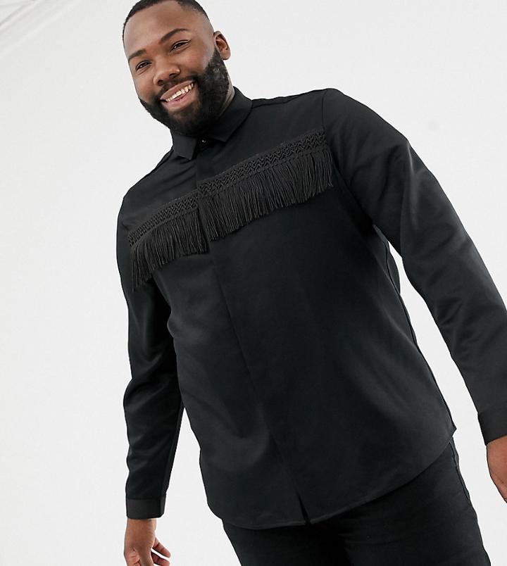 Asos Edition Plus Regular Fit Satin Shirt With Fringing - Black
