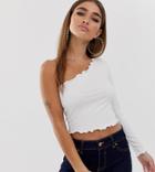 Asos Design Petite One Shoulder Long Sleeve Crop T-shirt With Lettuce Hem In White-black