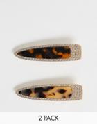 Asos Design Pack Of 2 Hair Clips In Mixed Tortoiseshell Resin And Crystal - Multi