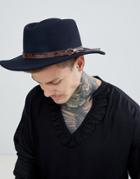 Asos Design Pork Pie Hat With Wide Brim In Navy With Tan Embossed Band Detail - Navy