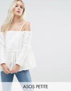 Asos Petite Denim Off Shoulder Top With Pleated Peplum And Cuff Detail - White